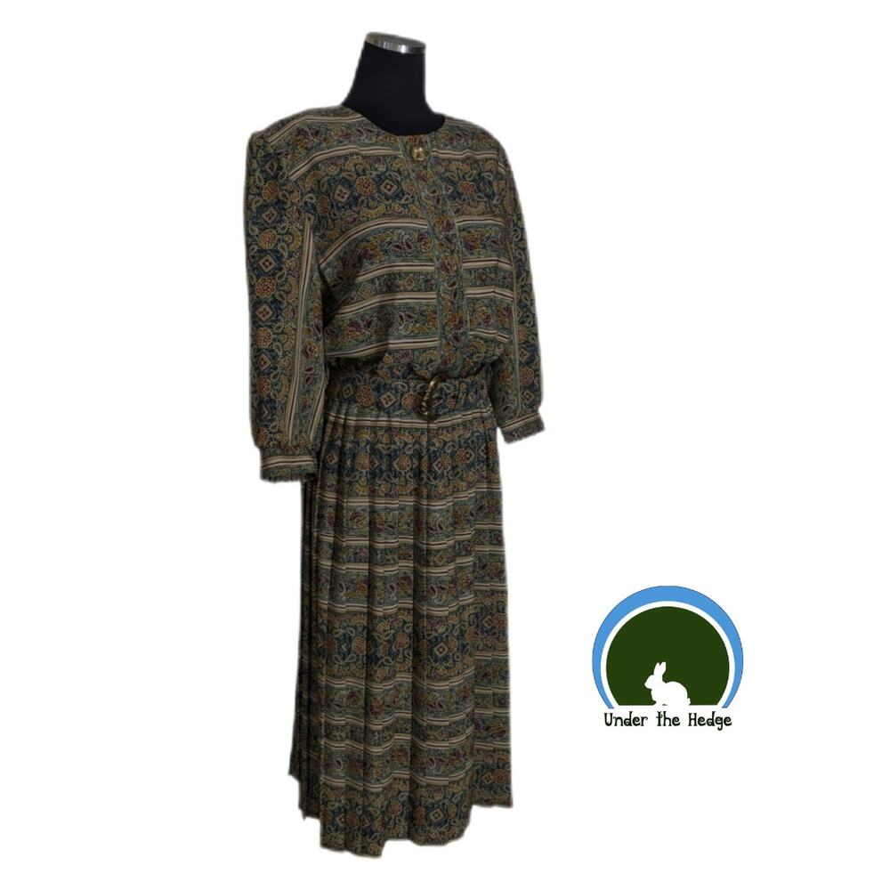 Vtg 80s Breli Originals Paisley Dress Fits Medium Belted Pleated Office